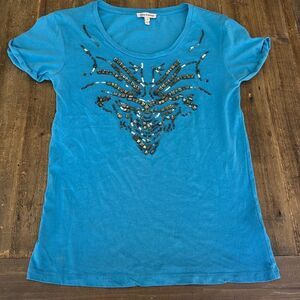 Juicy couture beaded tshirt, blue, western, festival, boho, cotton, short sleeve